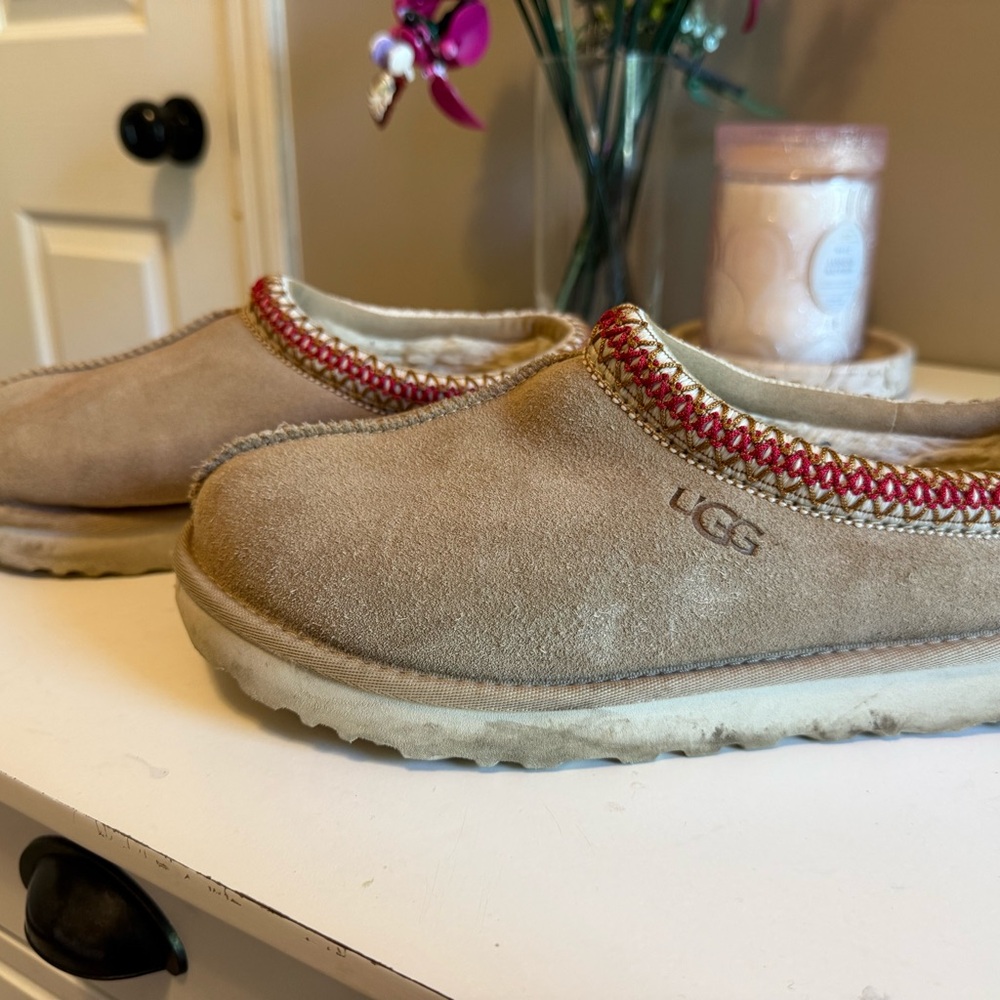 UGG Tan Mules with Red Trim